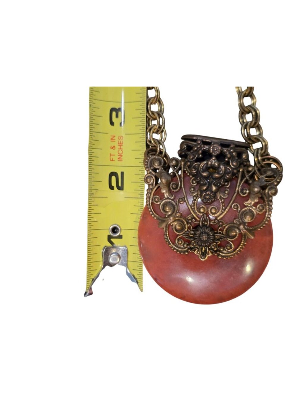 Vintage Jan Michaels Brass Necklace With Pink Resin Pendant & Filigree - Picture 8 of 8